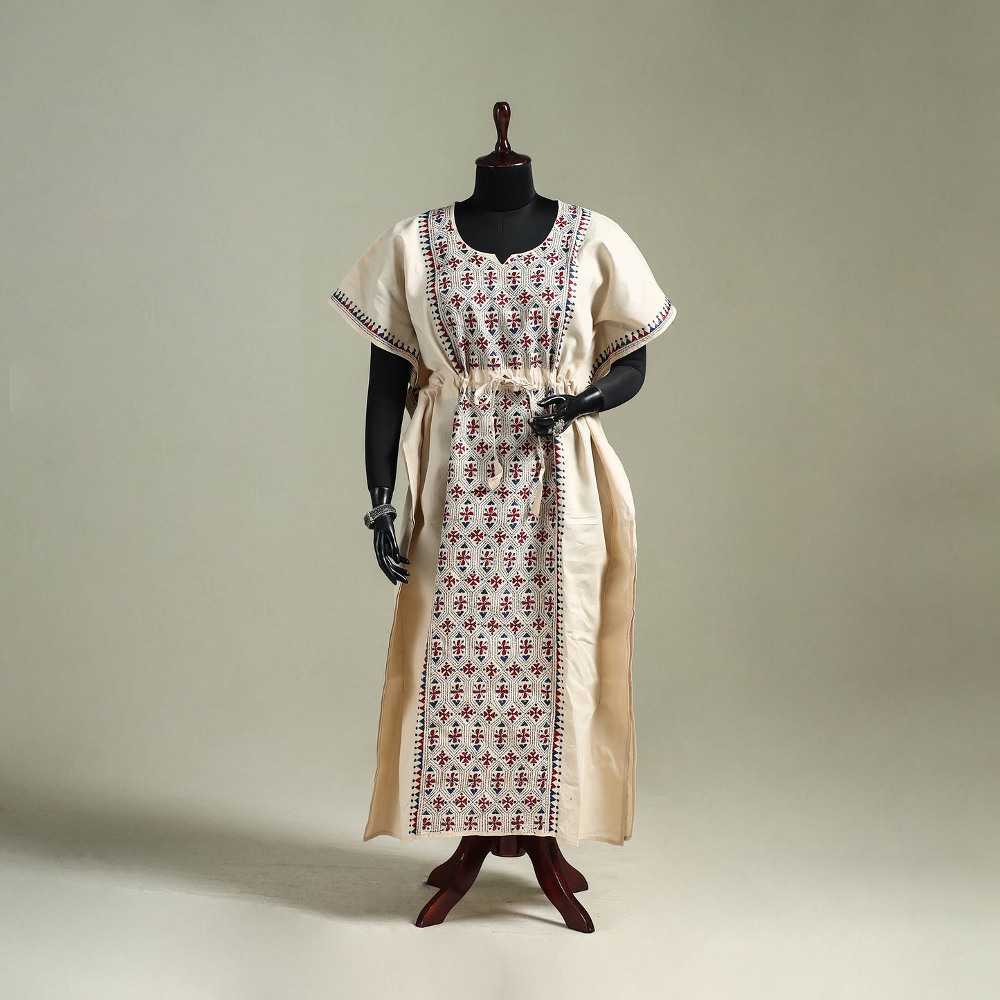 Beige - Bengal Kantha Hand Embroidery Cotton Long Kaftan 11