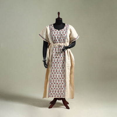 Beige - Bengal Kantha Hand Embroidery Cotton Long Kaftan 11