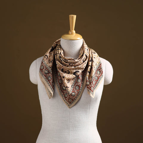 Beige - Pedana Hand Block Print Natural Dyed Cotton Kalamkari Scarf 60