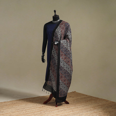 Hand Block Print Natural Dyed Linen Ajrakh Dupatta with Tassels 19