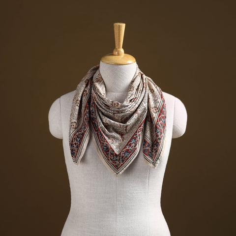 Beige - Pedana Hand Block Print Natural Dyed Cotton Kalamkari Scarf 69