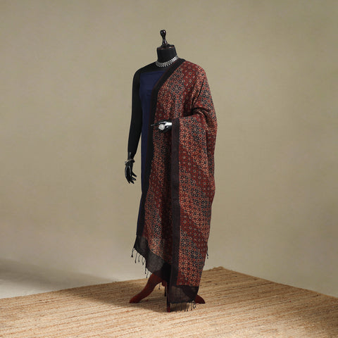 Hand Block Print Natural Dyed Linen Ajrakh Dupatta with Tassels 18
