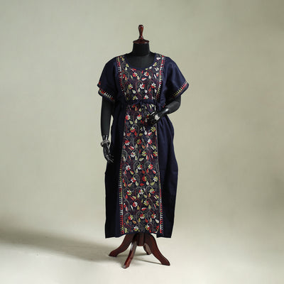 Blue - Bengal Kantha Hand Embroidery Cotton Long Kaftan 16