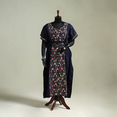 Blue - Bengal Kantha Hand Embroidery Cotton Long Kaftan 16