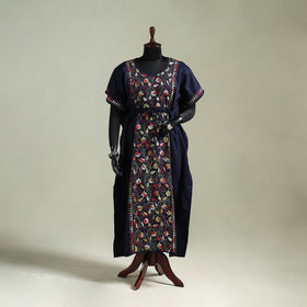 Blue - Bengal Kantha Hand Embroidery Cotton Long Kaftan 16