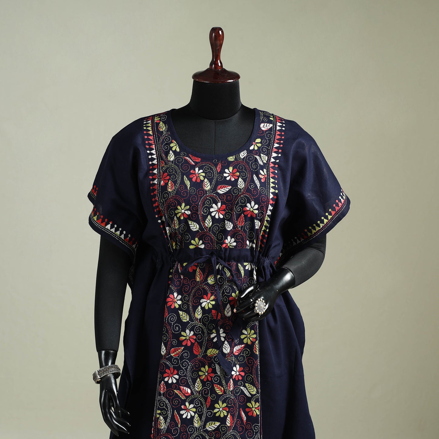 Blue - Bengal Kantha Hand Embroidery Cotton Long Kaftan 16