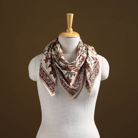 Beige - Pedana Hand Block Print Natural Dyed Cotton Kalamkari Scarf 80