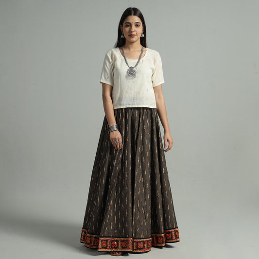 Brown - Pochampally Ikat 24 Kali Cotton Skirt with Rajasthani Embroidery Border 22