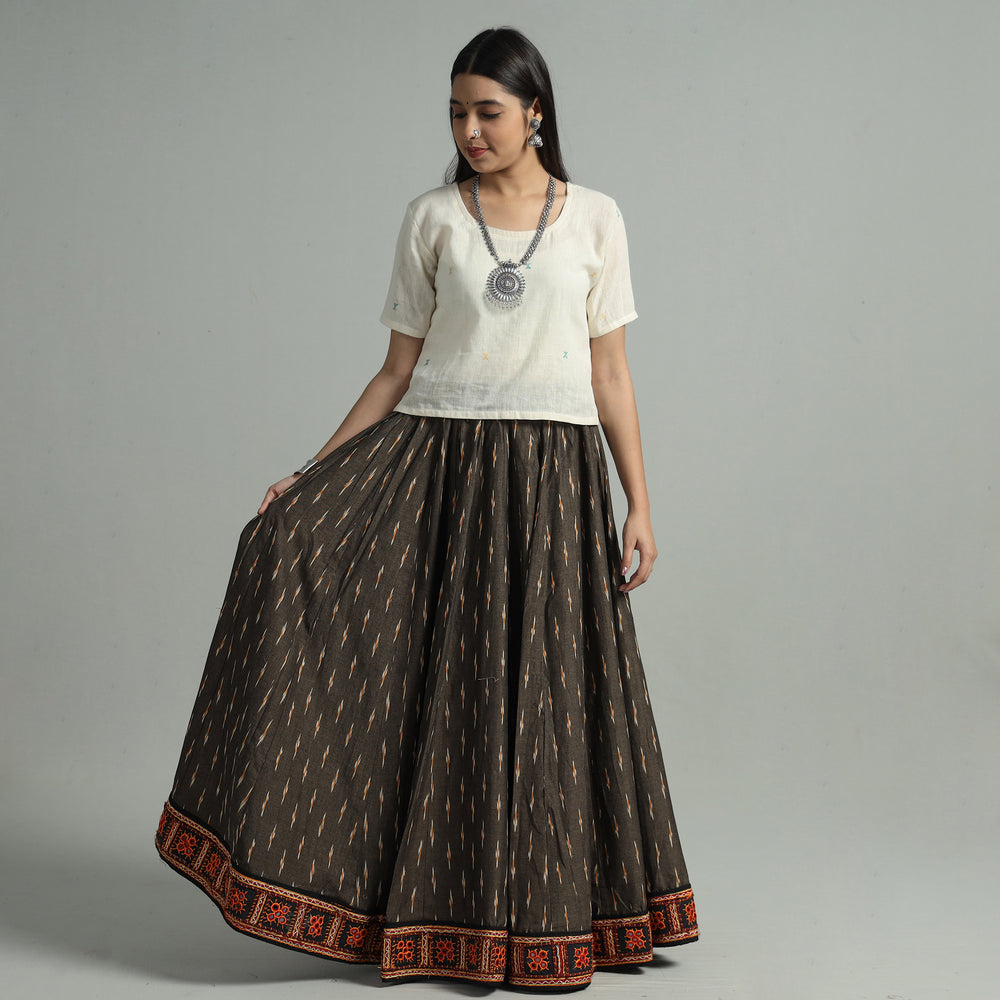 Brown - Pochampally Ikat 24 Kali Cotton Skirt with Rajasthani Embroidery Border 22