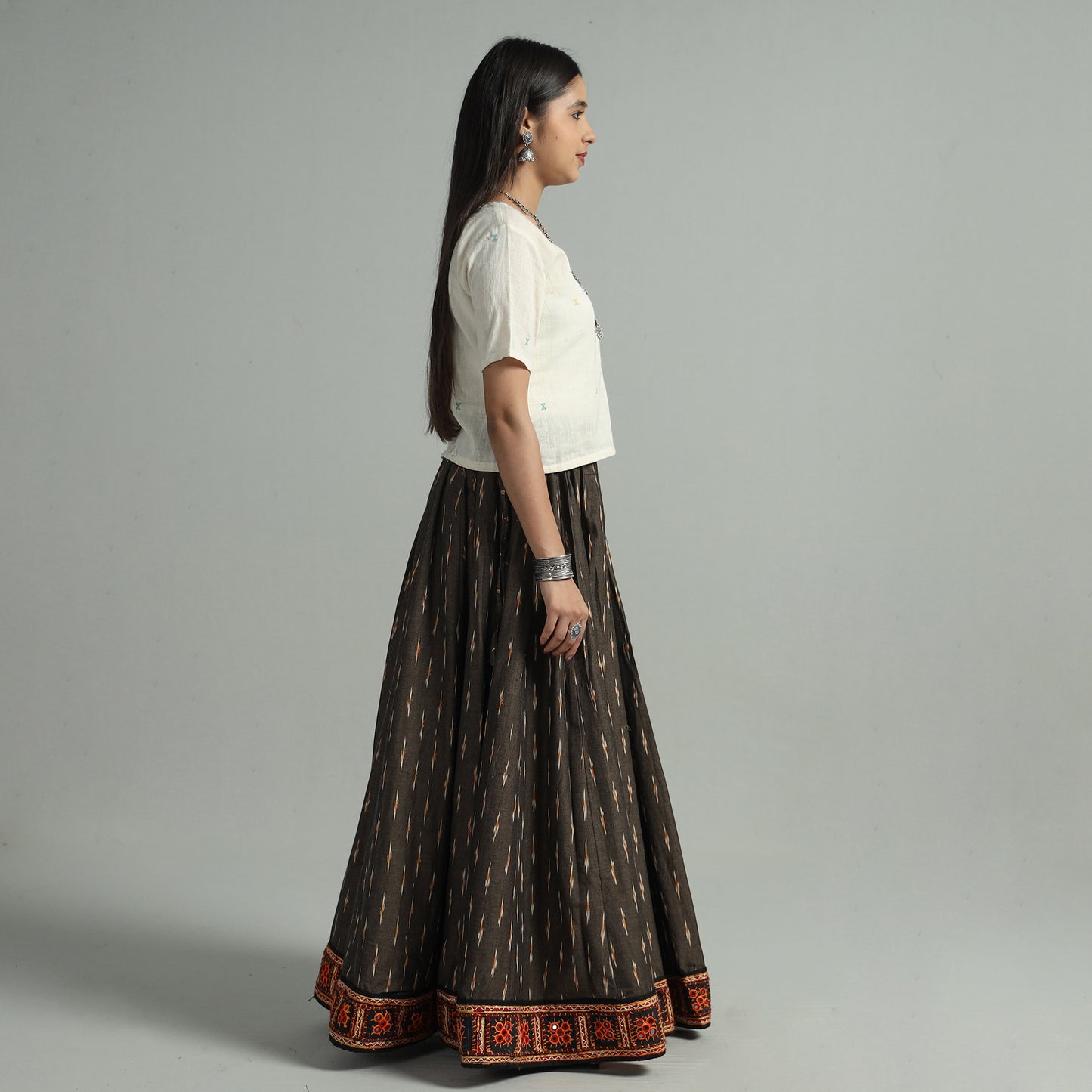 Brown - Pochampally Ikat 24 Kali Cotton Skirt with Rajasthani Embroidery Border 22