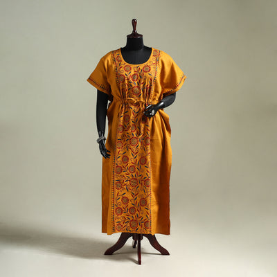 Orange - Bengal Kantha Hand Embroidery Cotton Long Kaftan 18