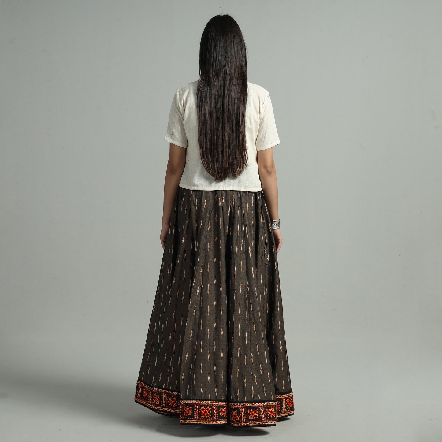 Brown - Pochampally Ikat 24 Kali Cotton Skirt with Rajasthani Embroidery Border 22