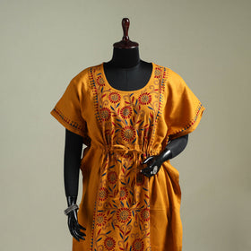 Orange - Bengal Kantha Hand Embroidery Cotton Long Kaftan 18