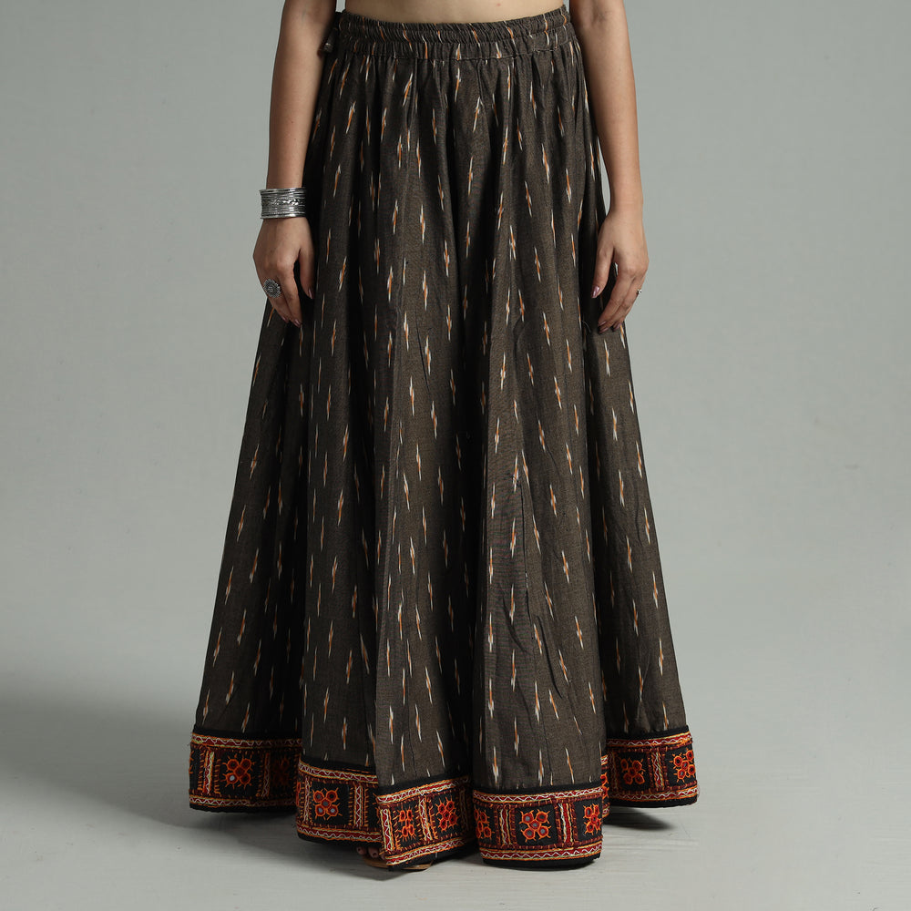 Brown - Pochampally Ikat 24 Kali Cotton Skirt with Rajasthani Embroidery Border 22