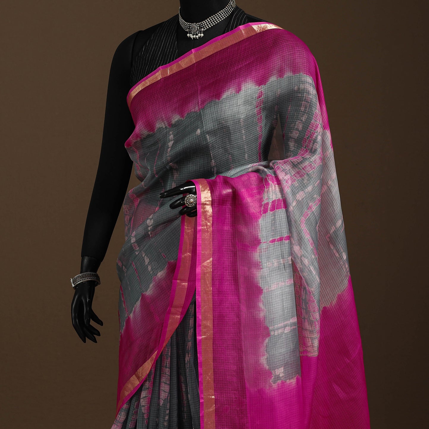 Grey - kota doria silk tie-dye shibori saree 08