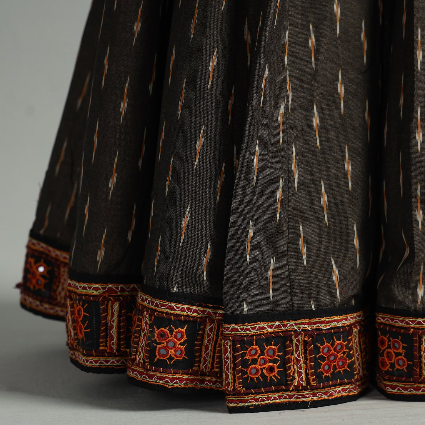 Brown - Pochampally Ikat 24 Kali Cotton Skirt with Rajasthani Embroidery Border 22