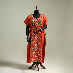 Orange - Bengal Kantha Hand Embroidery Cotton Long Kaftan 19