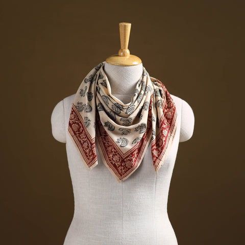 Beige - Pedana Hand Block Print Natural Dyed Cotton Kalamkari Scarf 87