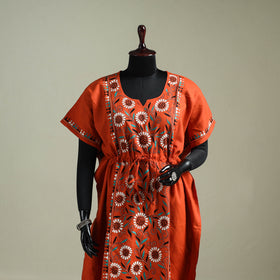 Orange - Bengal Kantha Hand Embroidery Cotton Long Kaftan 19