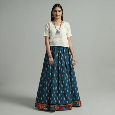 Blue - Pochampally Ikat 24 Kali Cotton Skirt with Rajasthani Embroidery Border 23