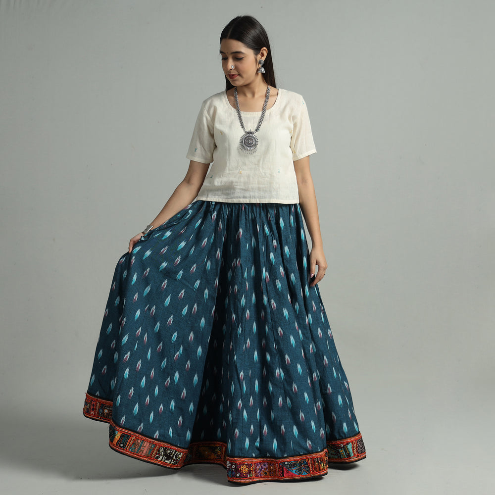 Blue - Pochampally Ikat 24 Kali Cotton Skirt with Rajasthani Embroidery Border 23