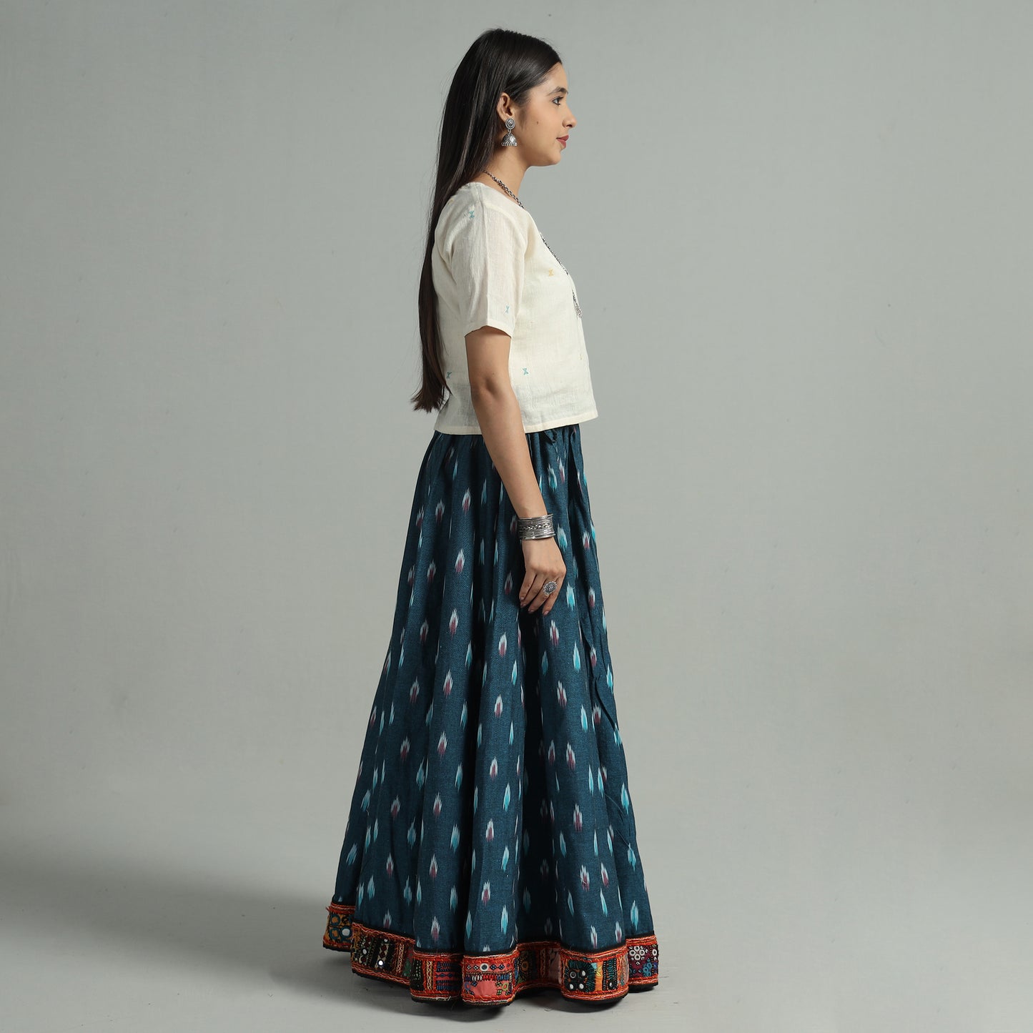 Blue - Pochampally Ikat 24 Kali Cotton Skirt with Rajasthani Embroidery Border 23