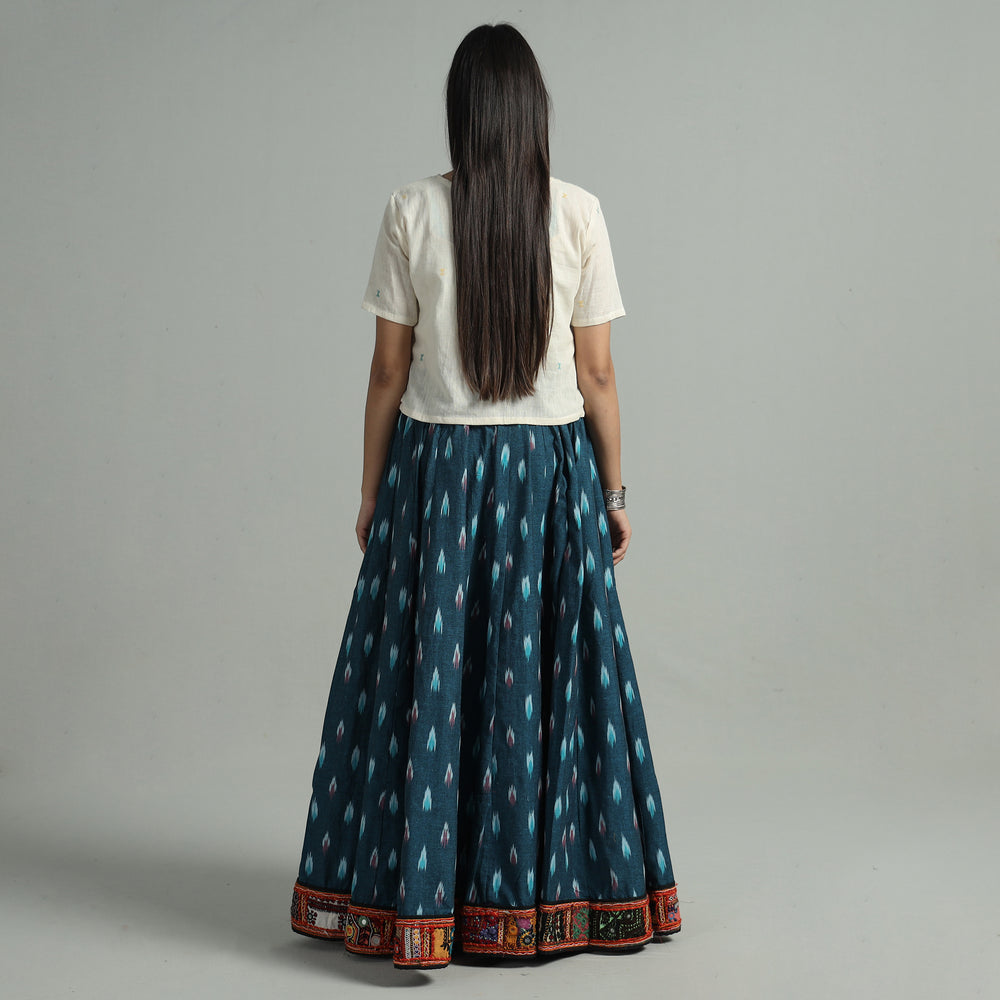 Blue - Pochampally Ikat 24 Kali Cotton Skirt with Rajasthani Embroidery Border 23