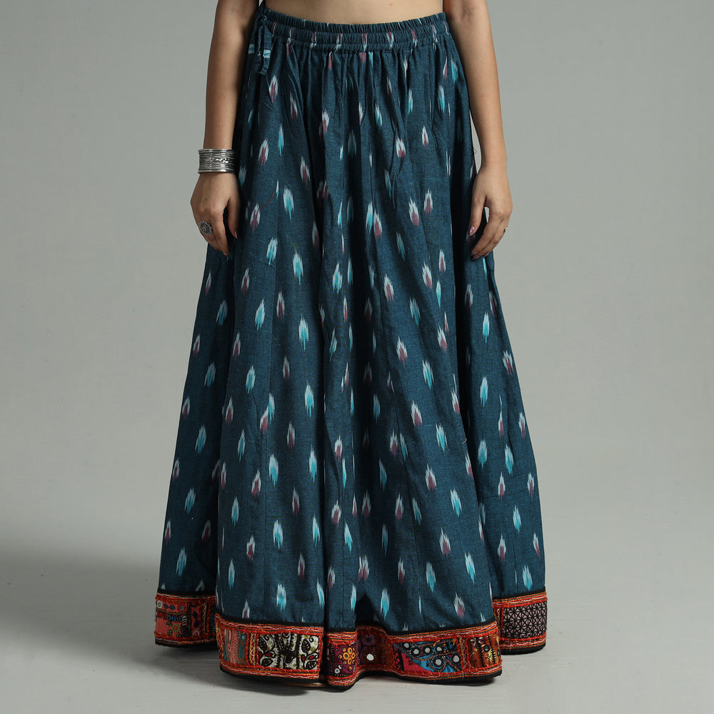 Blue - Pochampally Ikat 24 Kali Cotton Skirt with Rajasthani Embroidery Border 23