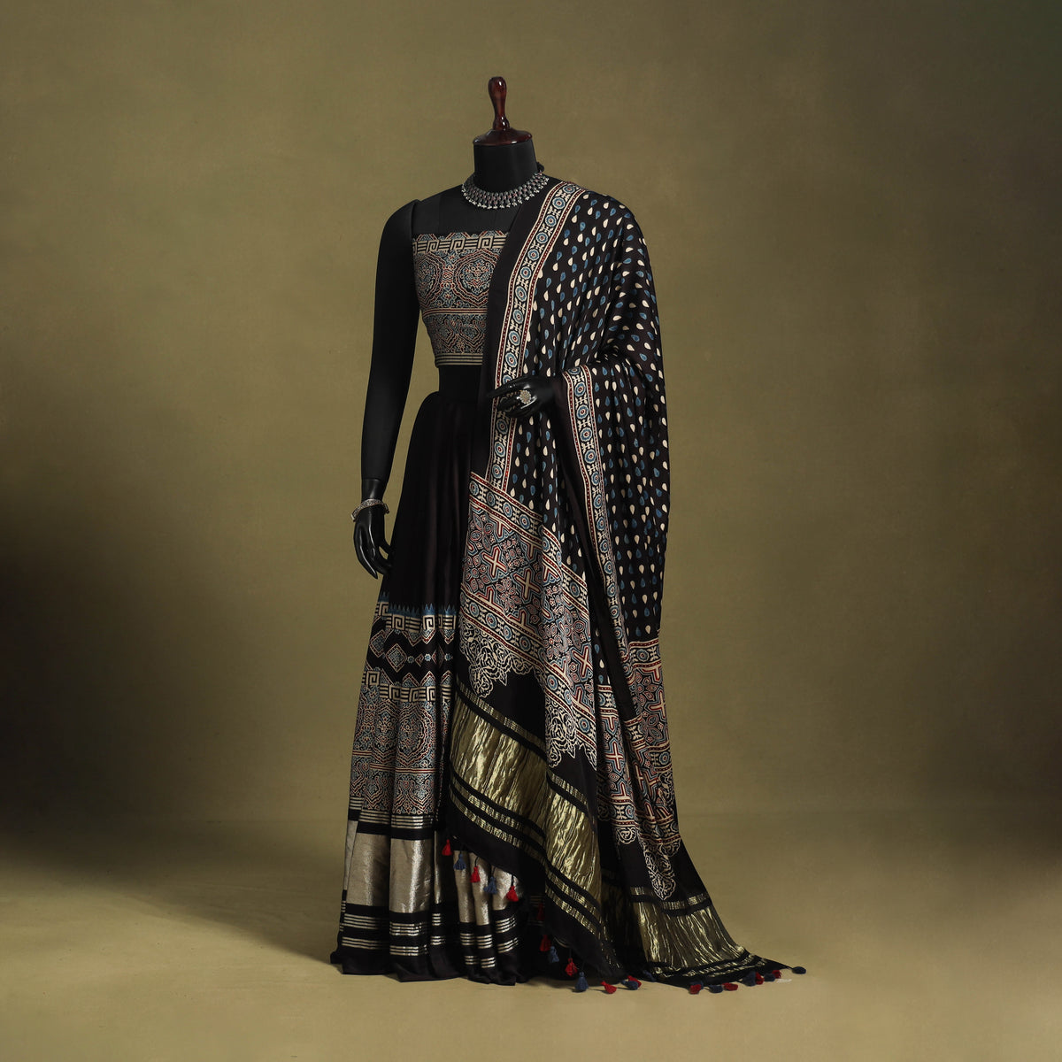 Black - Navratri Garba Modal Silk Unstitched Ajrakh Chaniya Choli Set 01