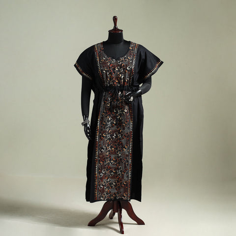 Black - Bengal Kantha Hand Embroidery Cotton Long Kaftan 20