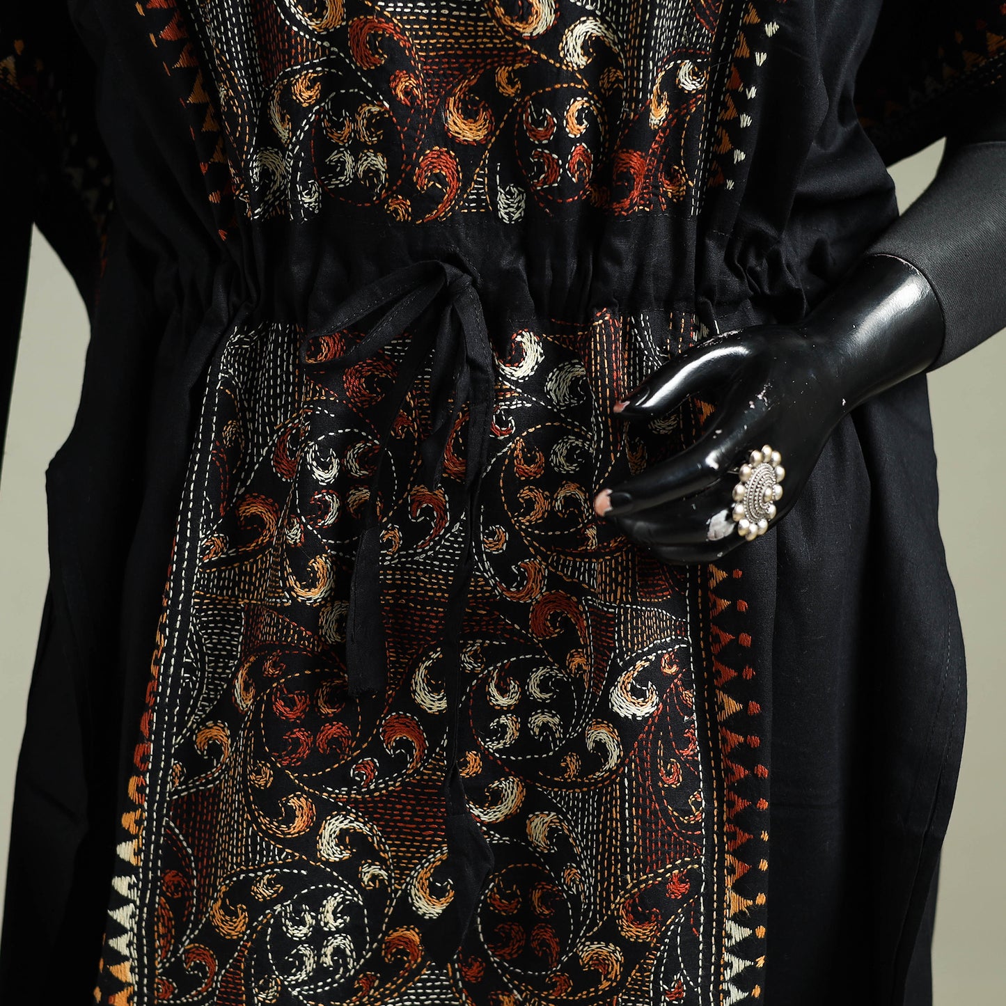 Black - Bengal Kantha Hand Embroidery Cotton Long Kaftan 20