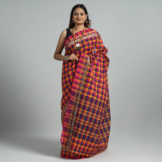Multicolor - Traditional Chettinad Kandangi Cotton Checks Saree with Thread & Zari Border