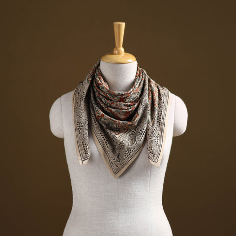 Orange - Pedana Hand Block Print Natural Dyed Cotton Kalamkari Scarf 97