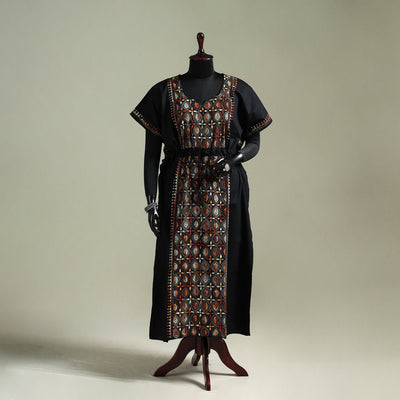 Black - Bengal Kantha Hand Embroidery Cotton Long Kaftan 21
