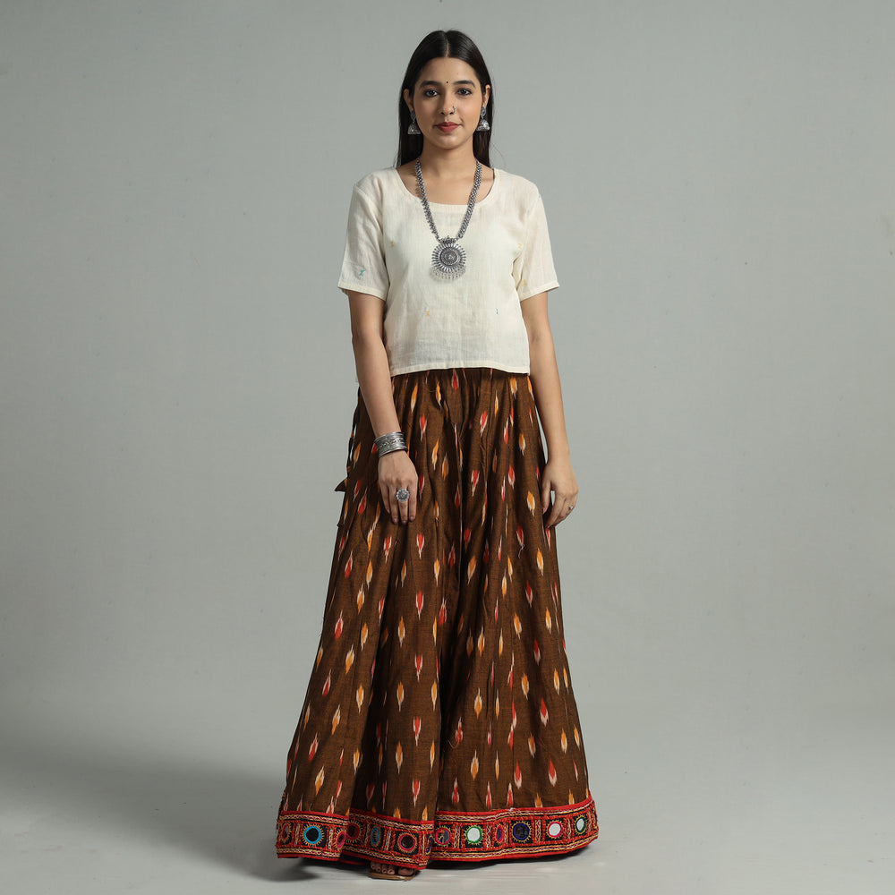 Brown - Pochampally Ikat 24 Kali Cotton Skirt with Rajasthani Embroidery Border 25