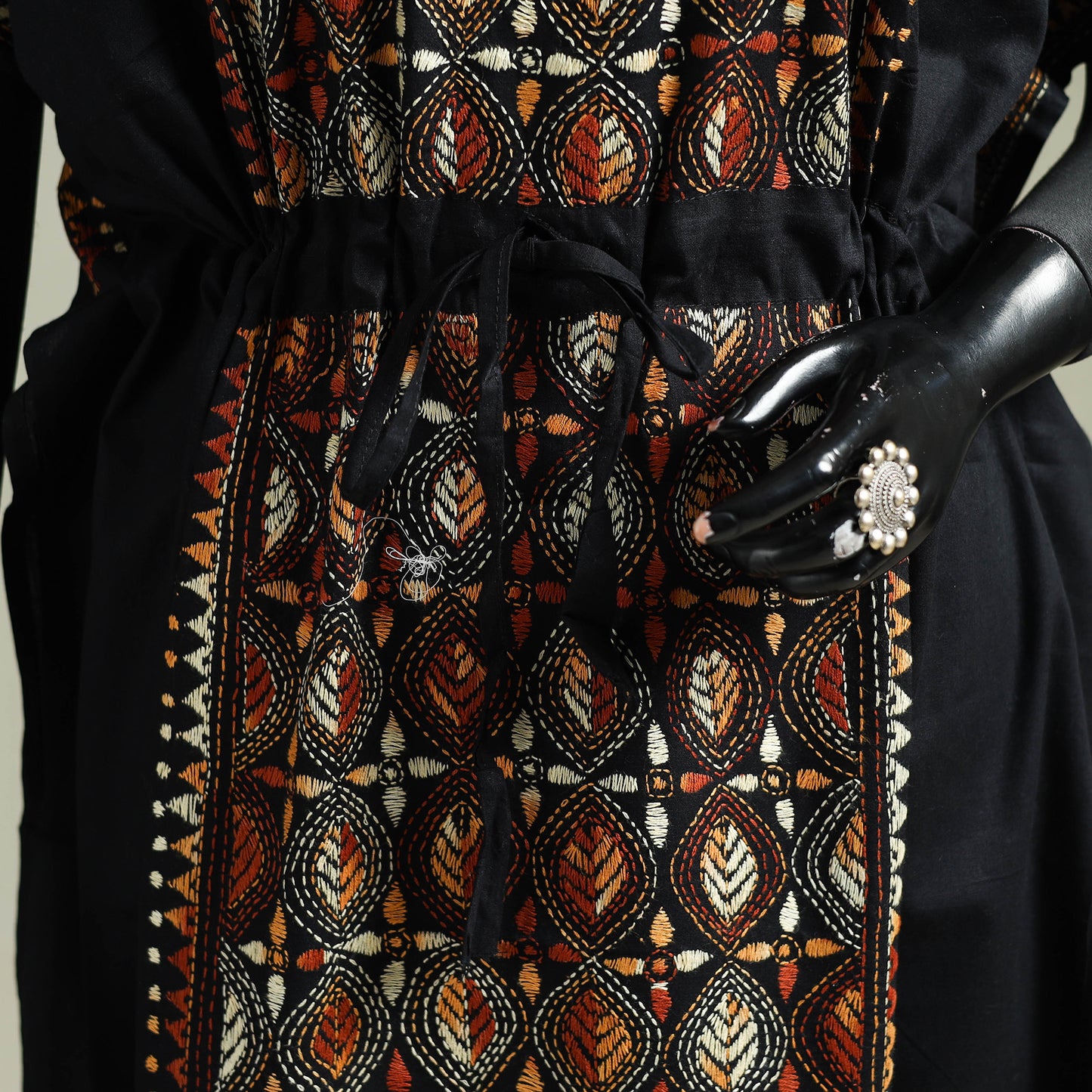Black - Bengal Kantha Hand Embroidery Cotton Long Kaftan 21