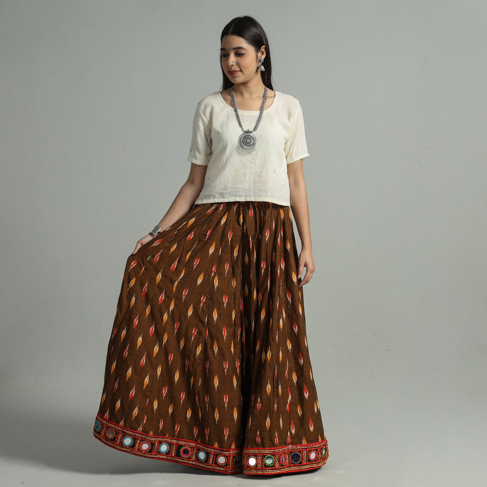 Brown - Pochampally Ikat 24 Kali Cotton Skirt with Rajasthani Embroidery Border 25