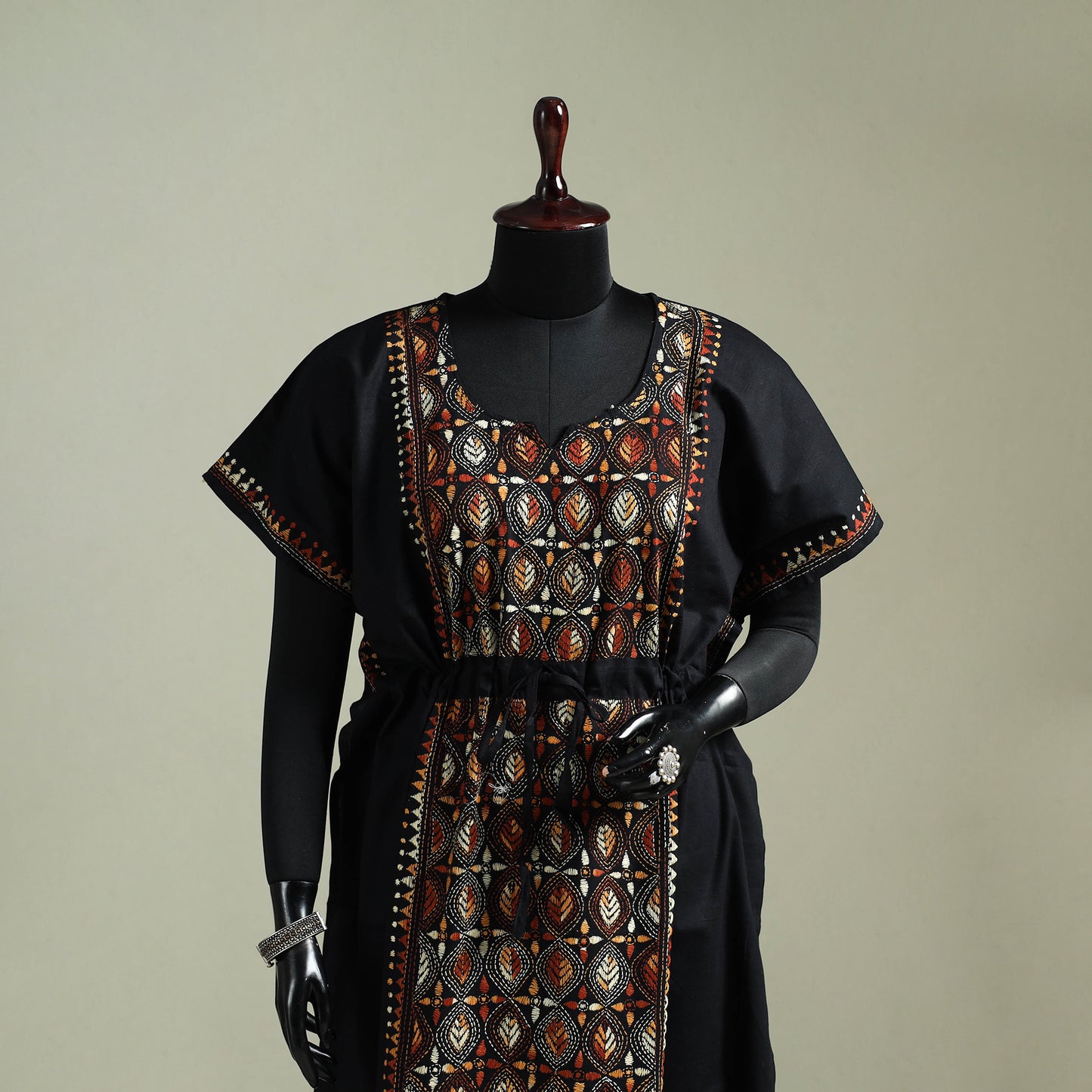 Black - Bengal Kantha Hand Embroidery Cotton Long Kaftan 21