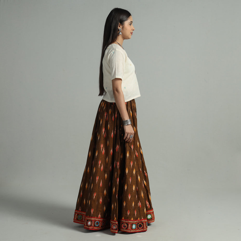 Brown - Pochampally Ikat 24 Kali Cotton Skirt with Rajasthani Embroidery Border 25