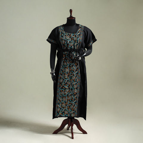 Black - Bengal Kantha Hand Embroidery Cotton Long Kaftan 22