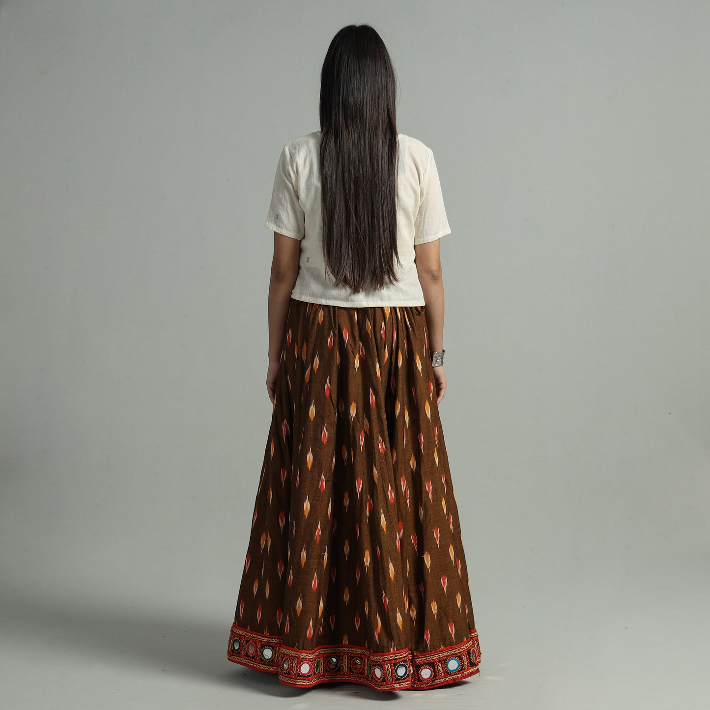 Brown - Pochampally Ikat 24 Kali Cotton Skirt with Rajasthani Embroidery Border 25