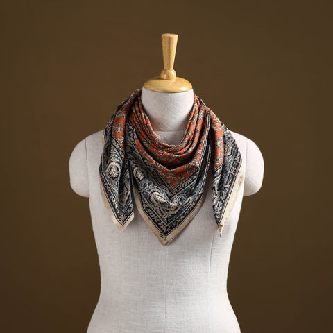 Orange - Pedana Hand Block Print Natural Dyed Cotton Kalamkari Scarf 102
