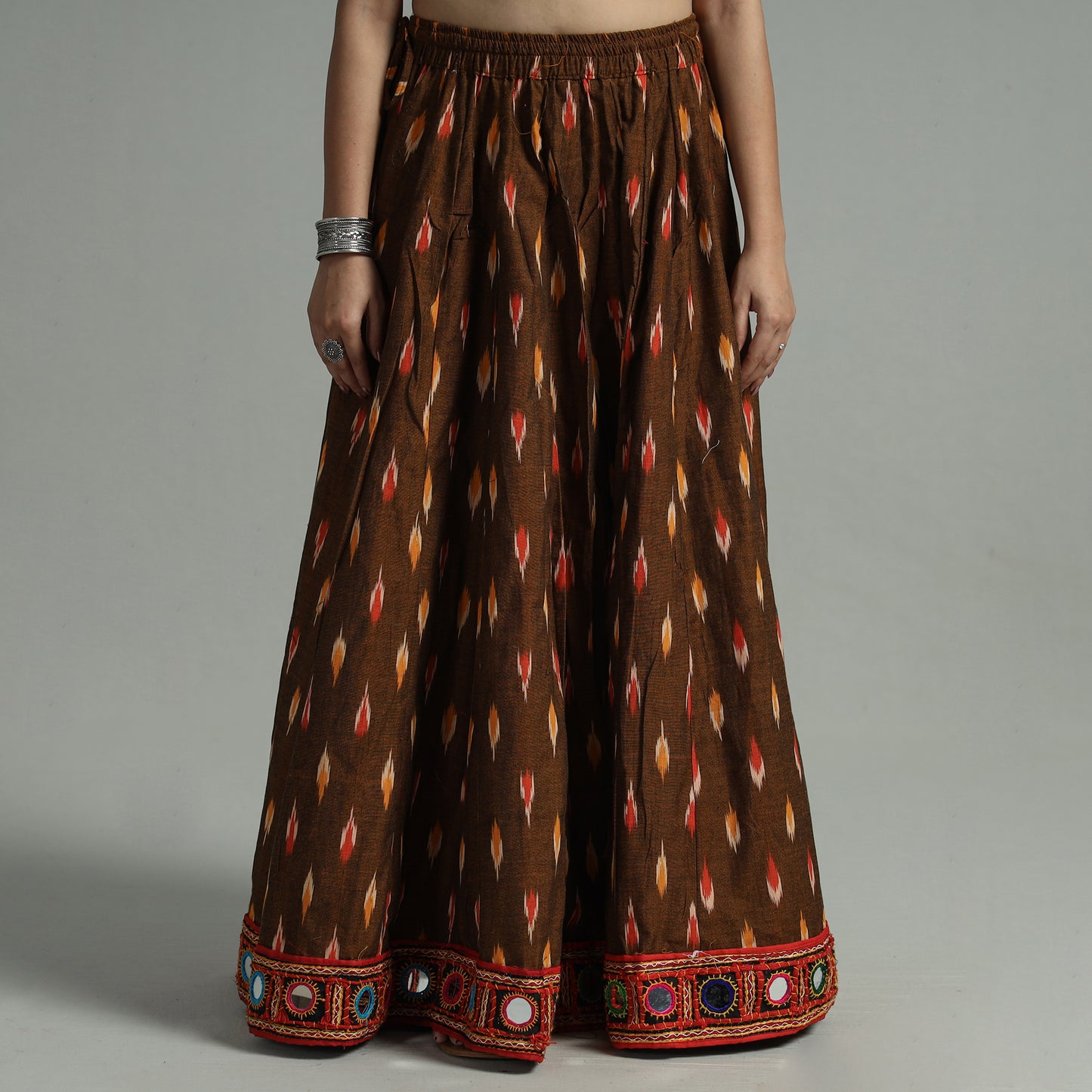 Brown - Pochampally Ikat 24 Kali Cotton Skirt with Rajasthani Embroidery Border 25