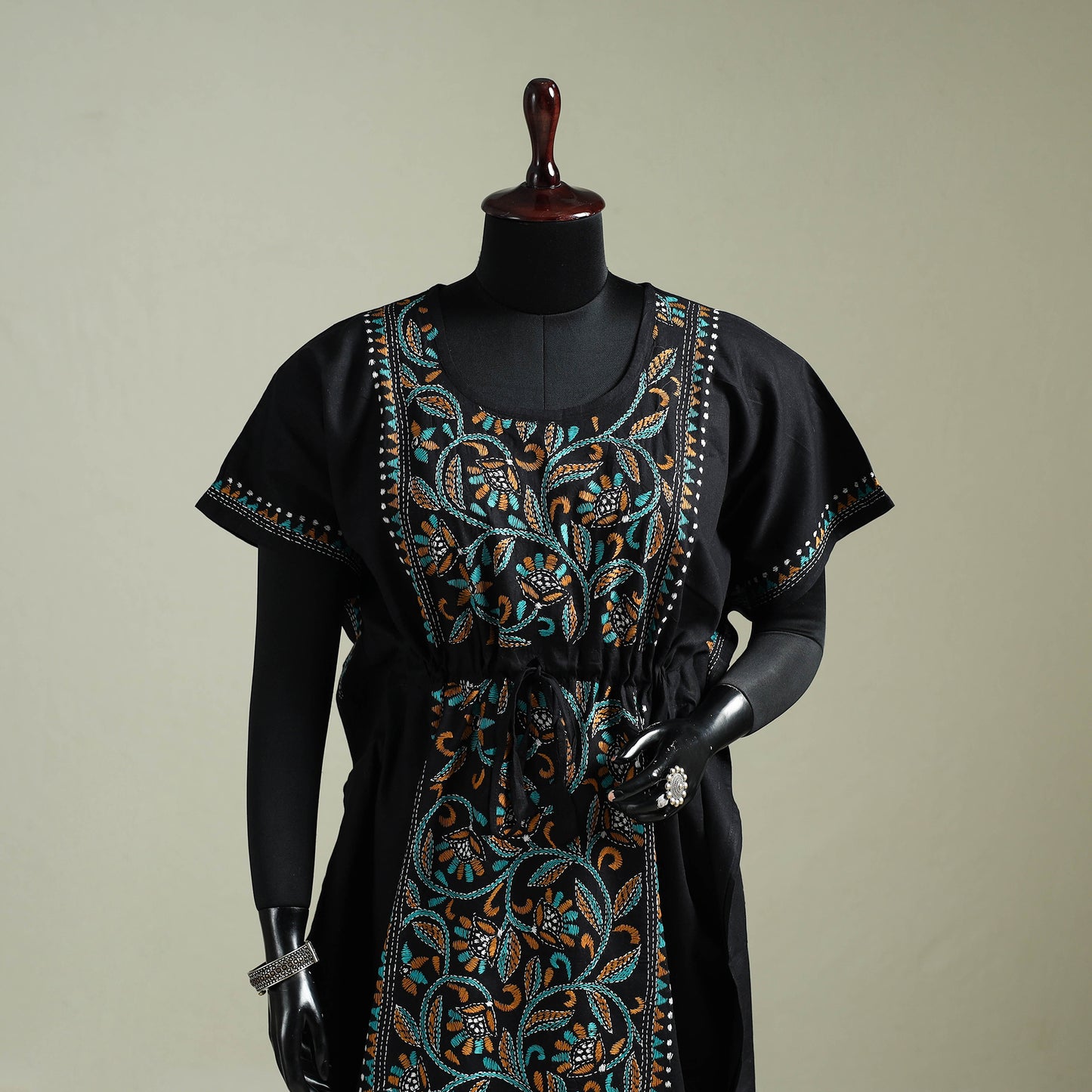 Black - Bengal Kantha Hand Embroidery Cotton Long Kaftan 22