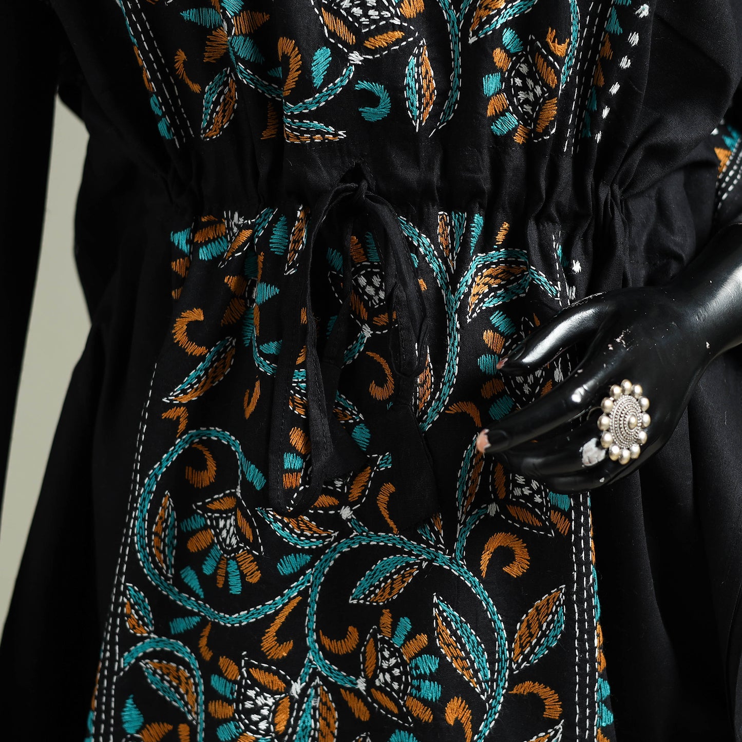 Black - Bengal Kantha Hand Embroidery Cotton Long Kaftan 22