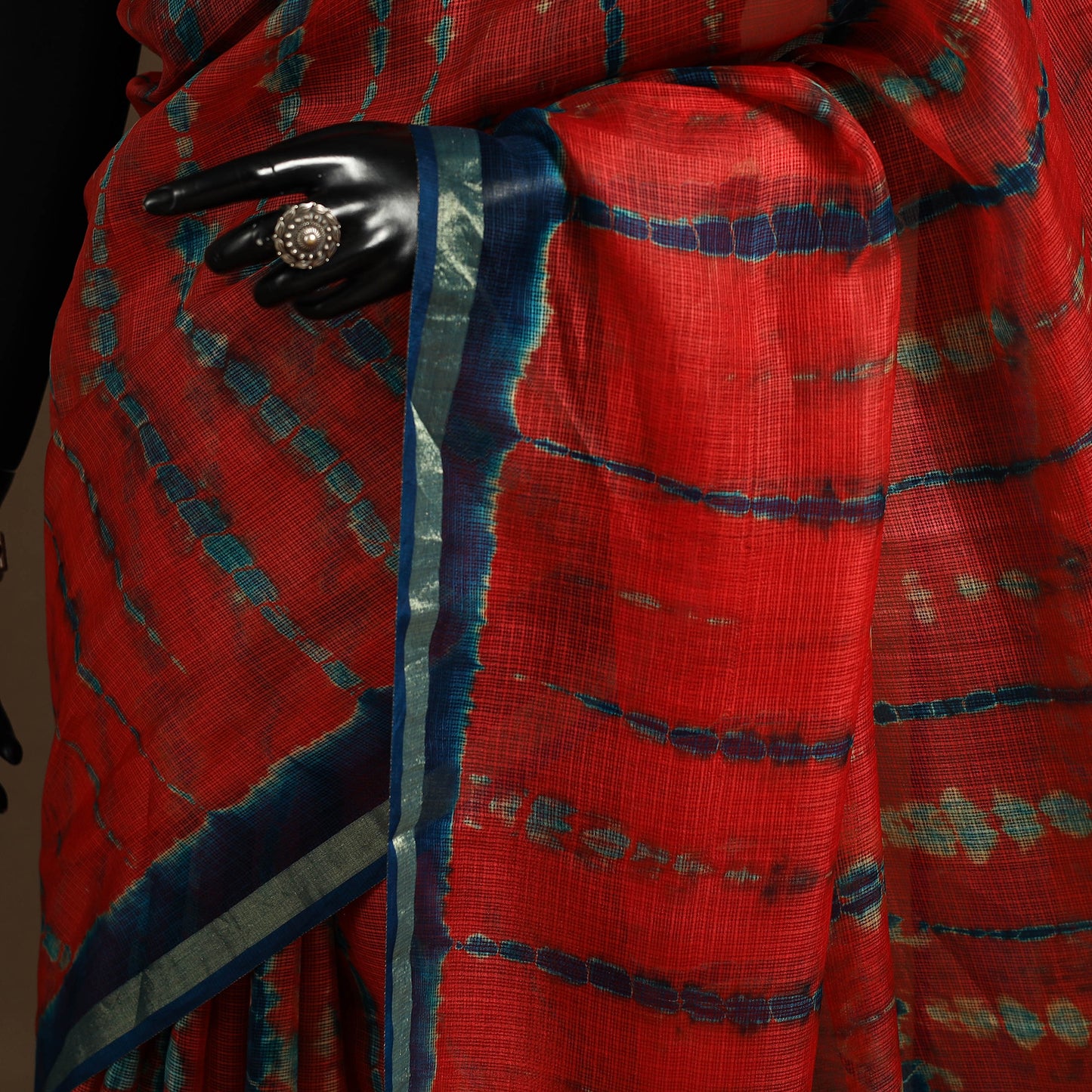 Red - kota doria silk tie-dye shibori saree 11 - handcrafted