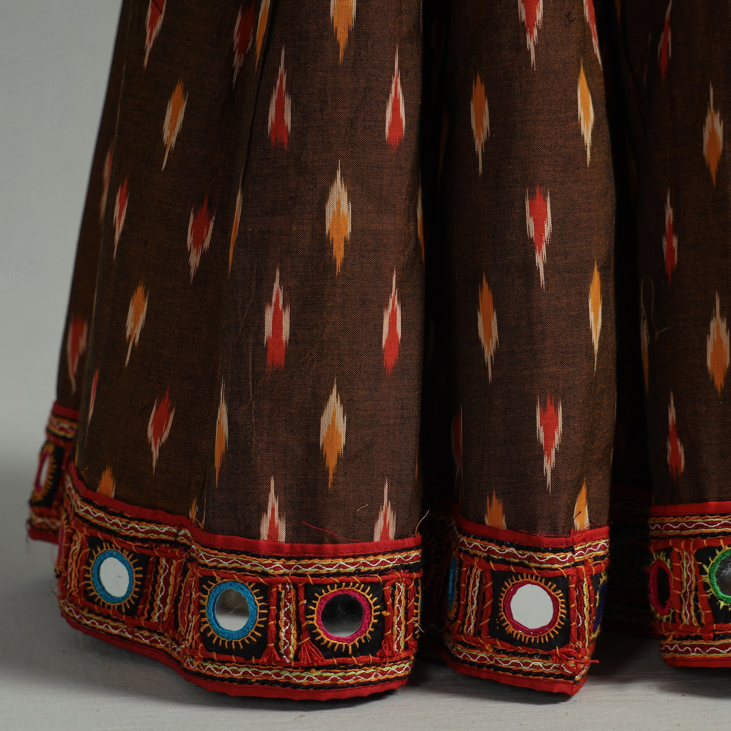 Brown - Pochampally Ikat 24 Kali Cotton Skirt with Rajasthani Embroidery Border 25