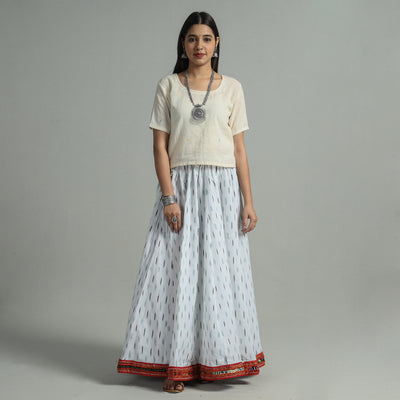 White - Pochampally Ikat 24 Kali Cotton Skirt with Rajasthani Embroidery Border 26