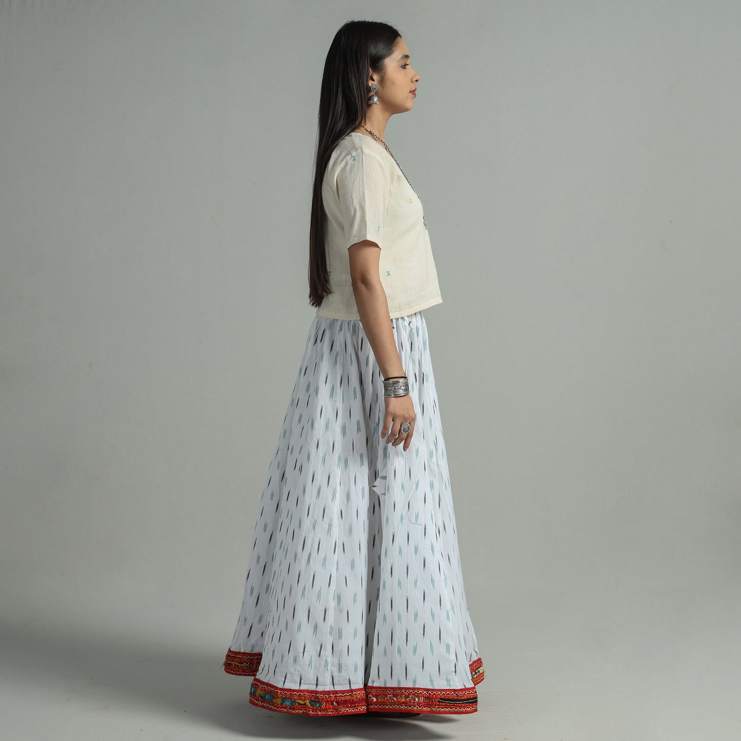 White - Pochampally Ikat 24 Kali Cotton Skirt with Rajasthani Embroidery Border 26