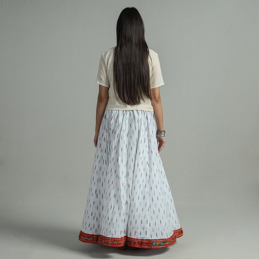 White - Pochampally Ikat 24 Kali Cotton Skirt with Rajasthani Embroidery Border 26